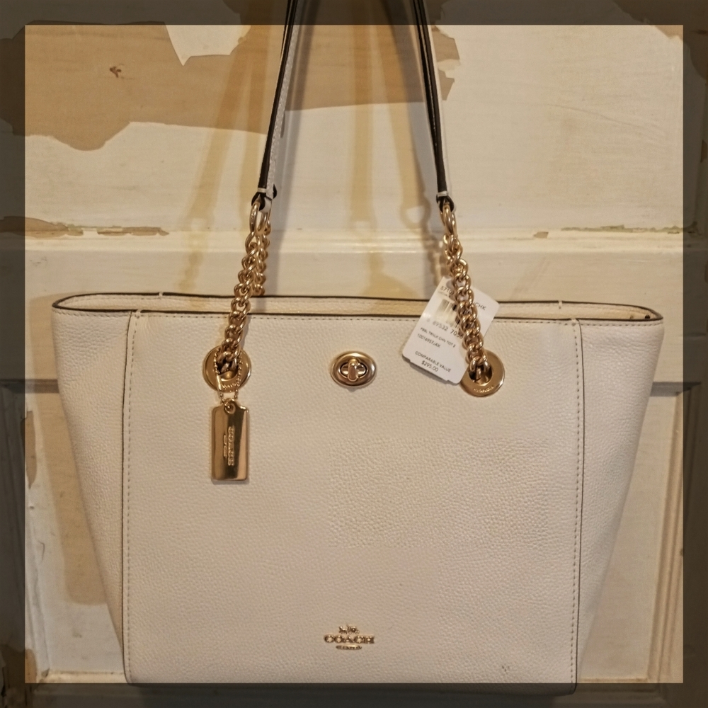 Coach Turnlock Chain Chalk Tote Bag